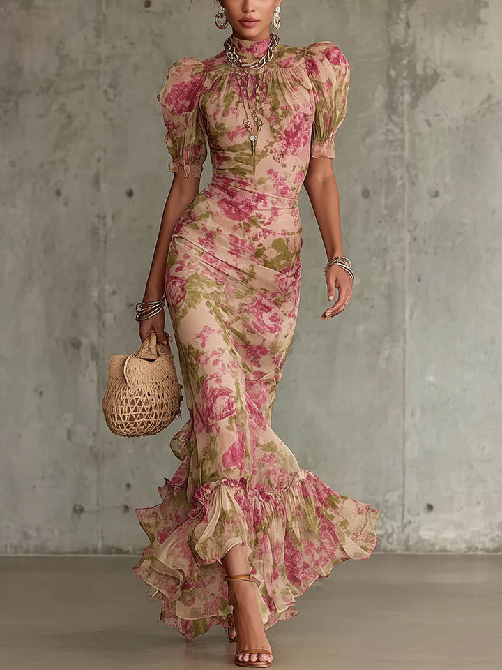 Mae | Maxikleid mit Vintage-Rosenprint und Puffärmeln