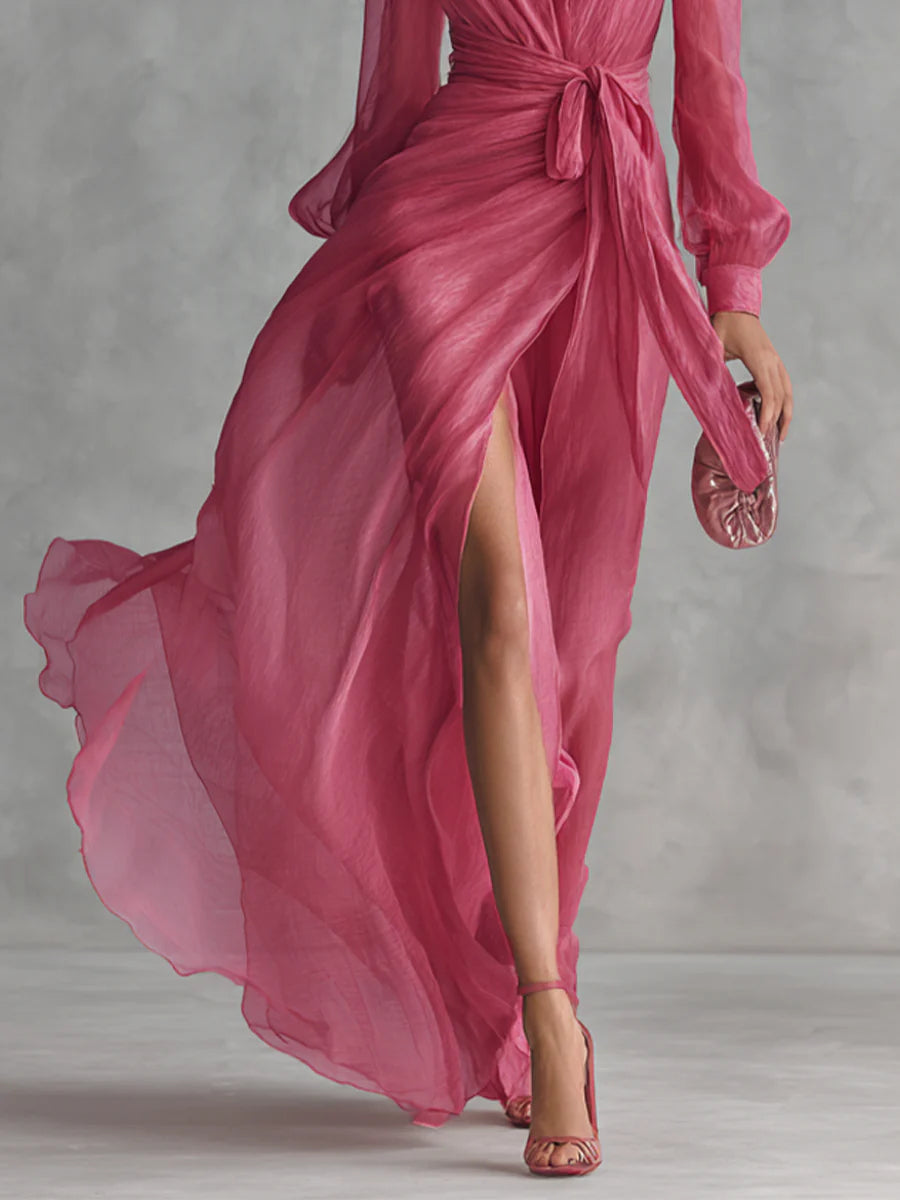 Beatrice | Elegantes Chiffon-V-Ausschnitt-Langkleid mit Taillengürtel