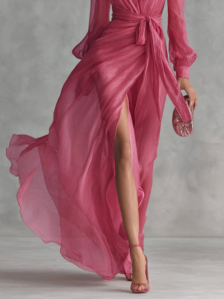 Beatrice | Elegantes Chiffon-V-Ausschnitt-Langkleid mit Taillengürtel