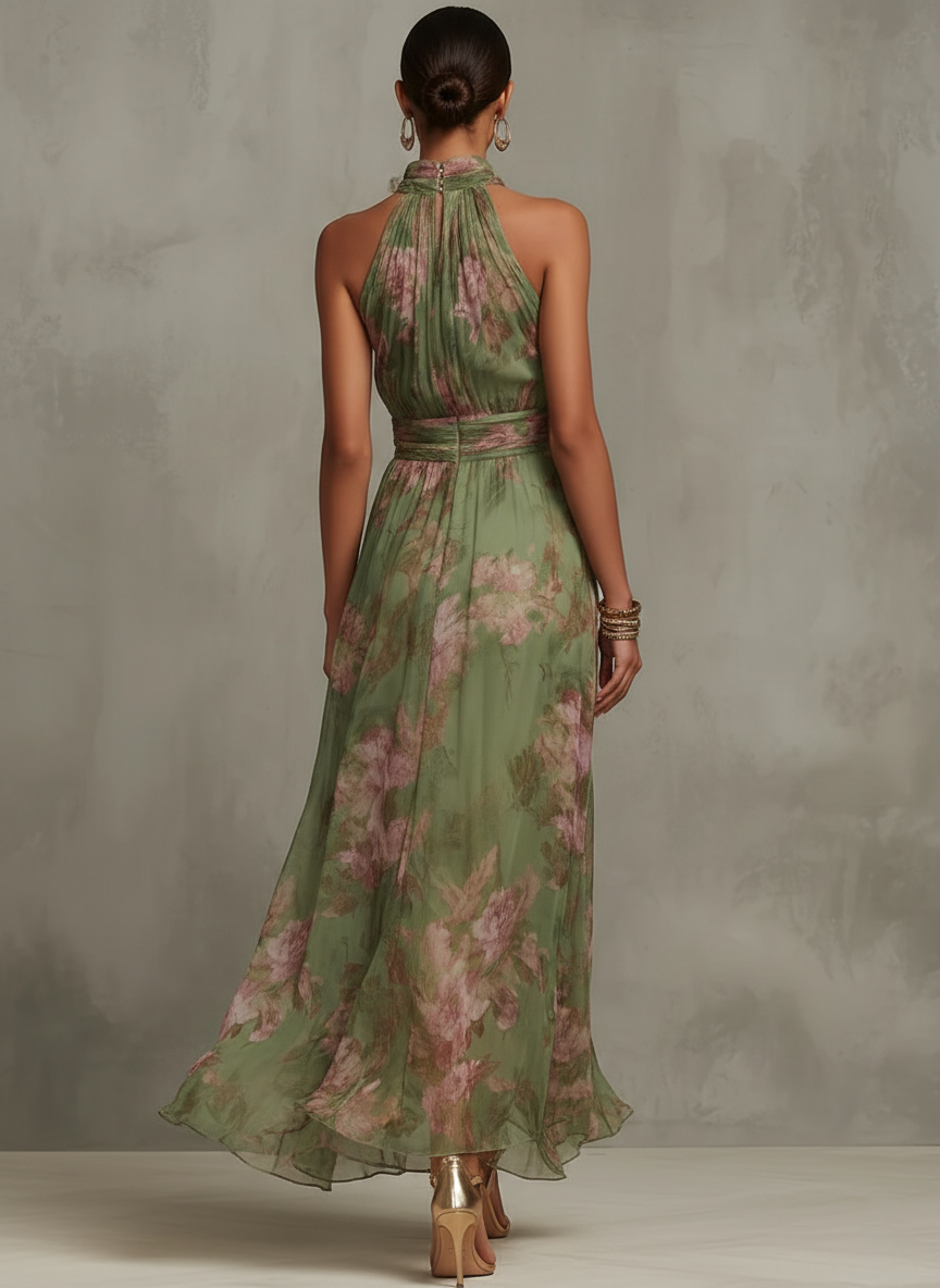 Florence | Grünes florales Chiffon-Halter-Maxikleid