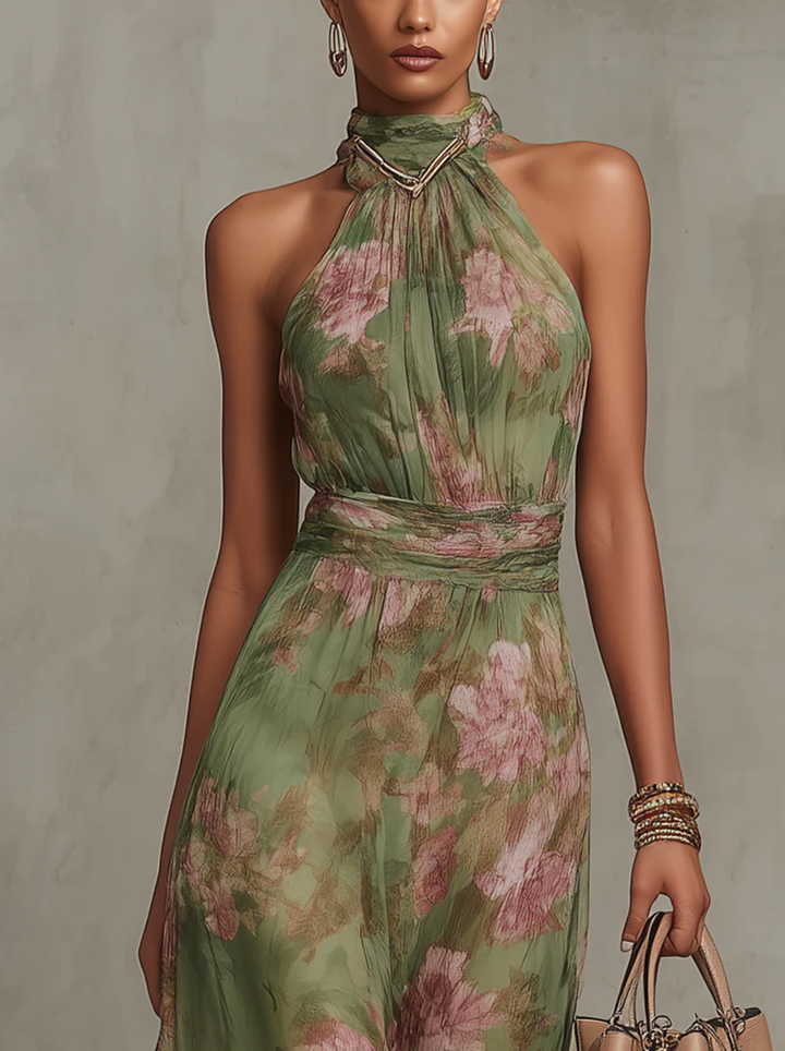 Florence | Grünes florales Chiffon-Halter-Maxikleid