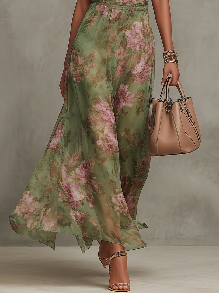 Florence | Grünes florales Chiffon-Halter-Maxikleid