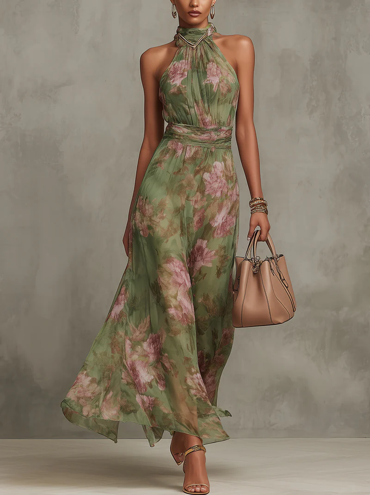Florence | Grünes florales Chiffon-Halter-Maxikleid