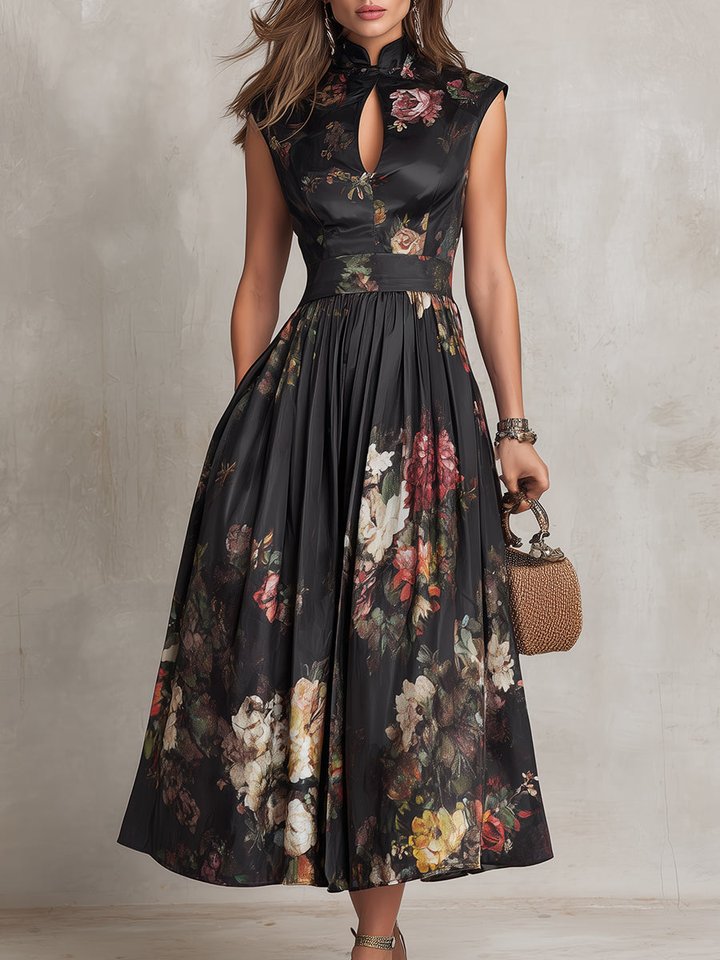 Patricia | Schwarzes Satin-Falten-Midikleid mit Blumenmuster
