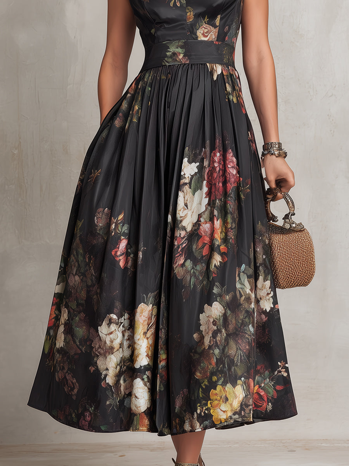 Patricia | Schwarzes Satin-Falten-Midikleid mit Blumenmuster