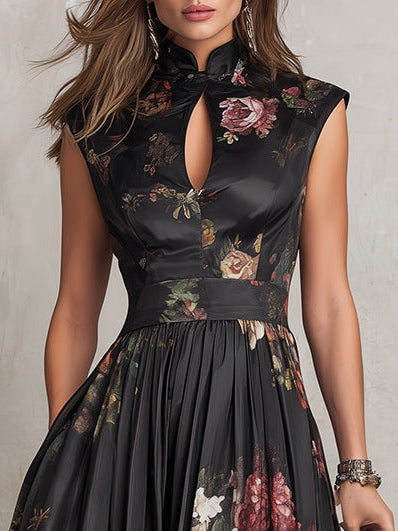 Patricia | Schwarzes Satin-Falten-Midikleid mit Blumenmuster
