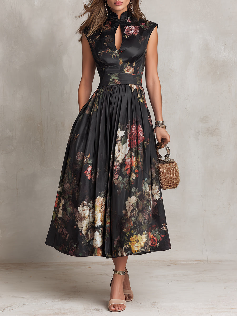 Patricia | Schwarzes Satin-Falten-Midikleid mit Blumenmuster