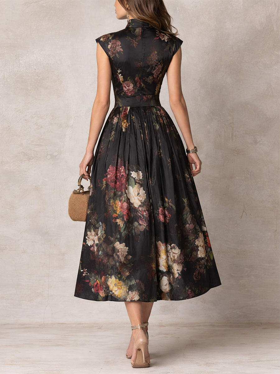 Patricia | Schwarzes Satin-Falten-Midikleid mit Blumenmuster