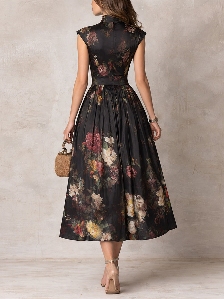 Patricia | Schwarzes Satin-Falten-Midikleid mit Blumenmuster