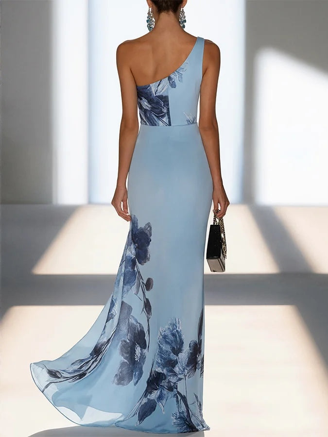 Sommerfeld | Satin-Tintenprint Schulterfreies Maxikleid