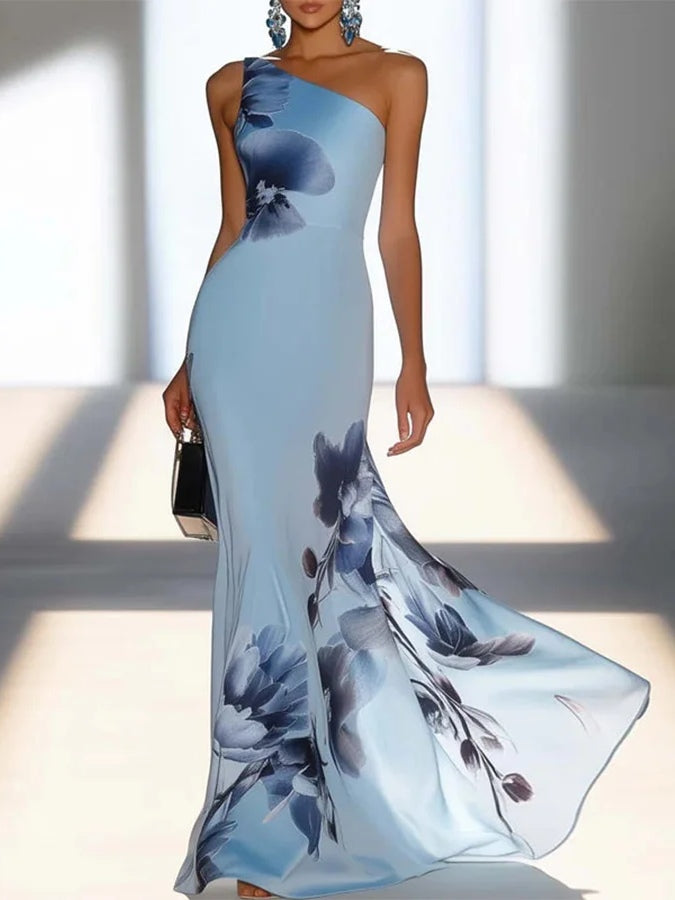 Sommerfeld | Satin-Tintenprint Schulterfreies Maxikleid