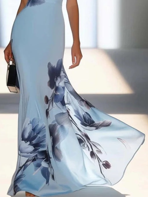 Sommerfeld | Satin-Tintenprint Schulterfreies Maxikleid