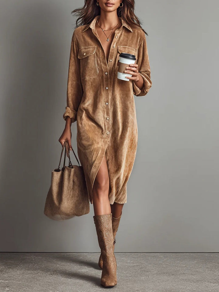 Jessy™ – Elegantes Midikleid aus weichem Cord mit Brusttaschen