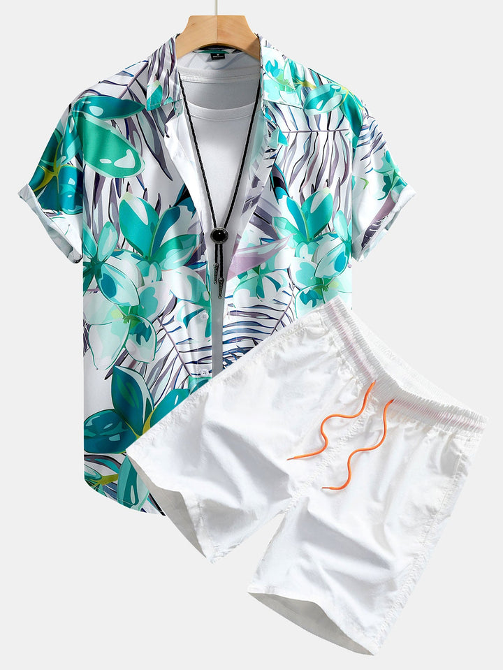 Hemd mit Blumenpflanzenmuster und Knopfleiste sowie Shorts zum Schwimmen