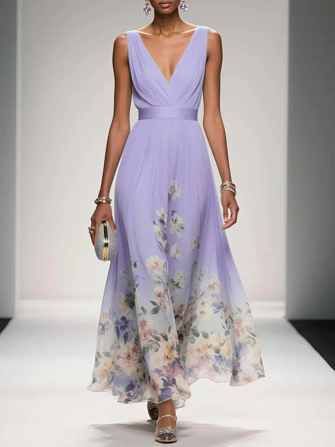 Rose | Hellblaues Blumenmuster-Chiffon-V-Ausschnitt-Maxikleid
