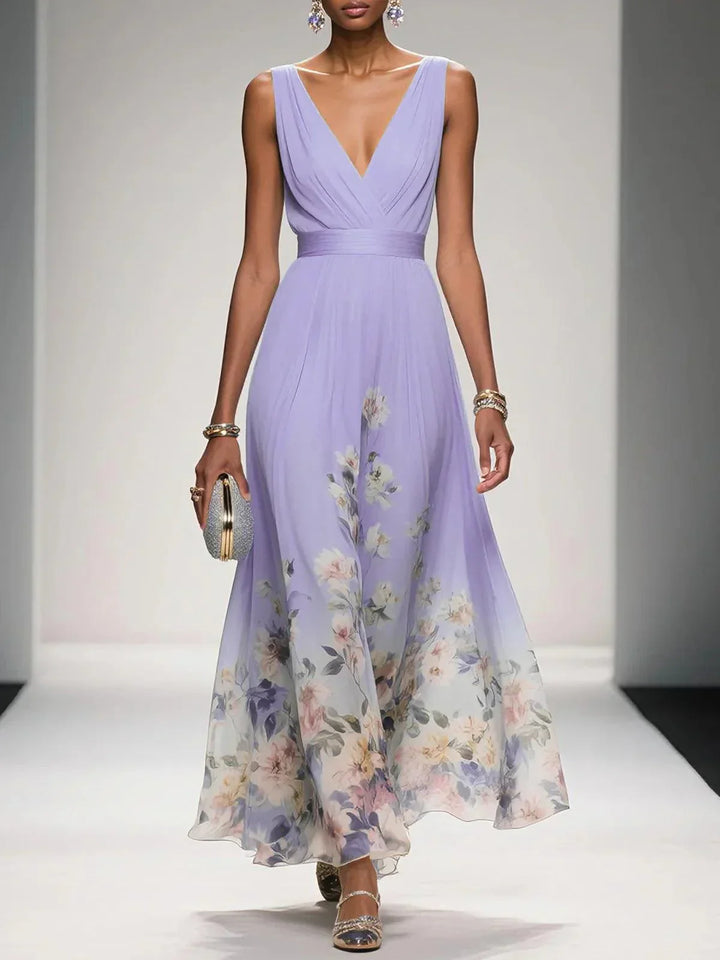 Rose | Hellblaues Blumenmuster-Chiffon-V-Ausschnitt-Maxikleid