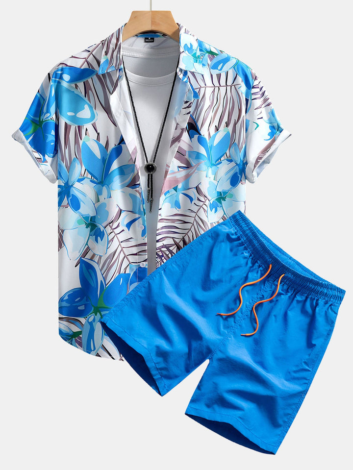 Hemd mit Blumenpflanzenmuster und Knopfleiste sowie Shorts zum Schwimmen