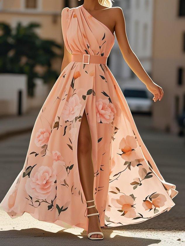 Julie | hellgrünes Blumenmuster-Chiffon-Maxikleid mit Ein-Schulter-Design