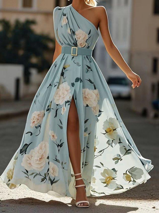 Julie | hellgrünes Blumenmuster-Chiffon-Maxikleid mit Ein-Schulter-Design
