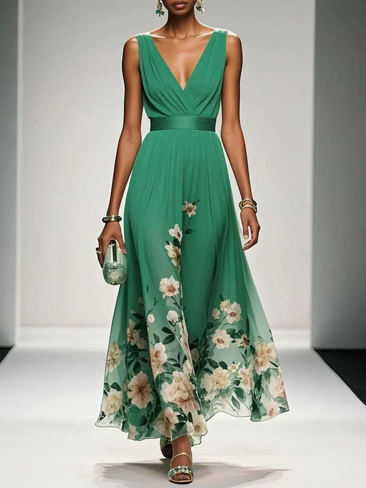 Rose | Hellblaues Blumenmuster-Chiffon-V-Ausschnitt-Maxikleid