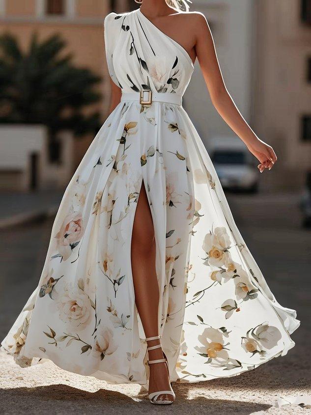 Julie | hellgrünes Blumenmuster-Chiffon-Maxikleid mit Ein-Schulter-Design