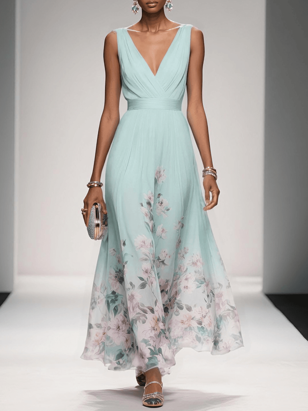 Rose | Hellblaues Blumenmuster-Chiffon-V-Ausschnitt-Maxikleid