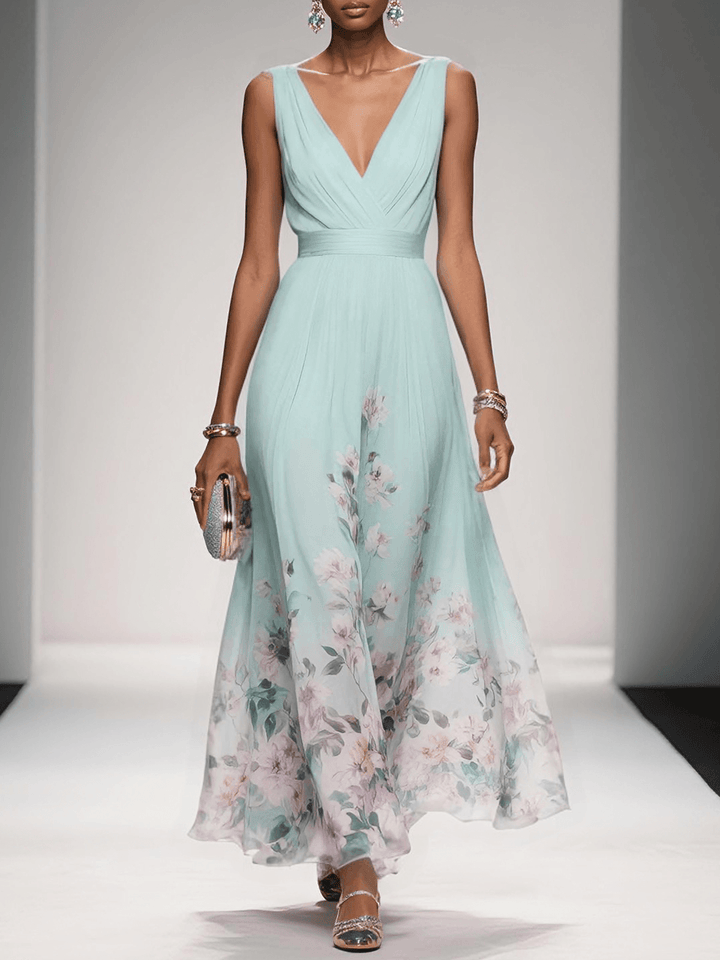 Rose | Hellblaues Blumenmuster-Chiffon-V-Ausschnitt-Maxikleid