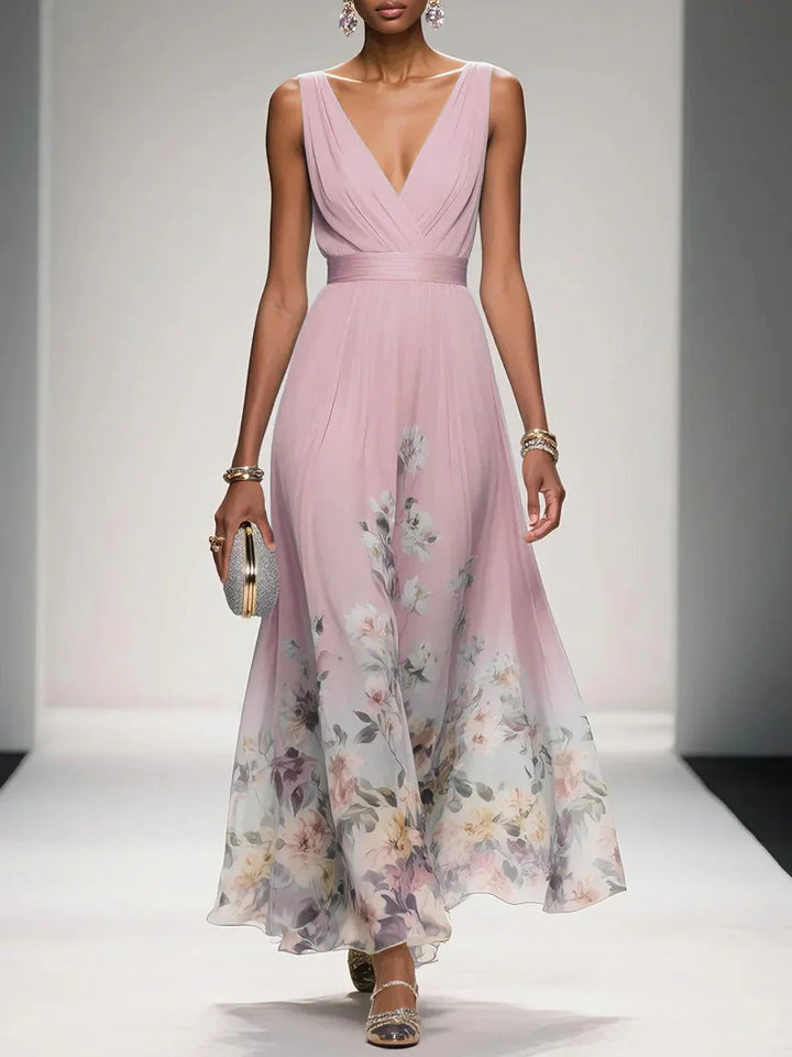 Rose | Hellblaues Blumenmuster-Chiffon-V-Ausschnitt-Maxikleid