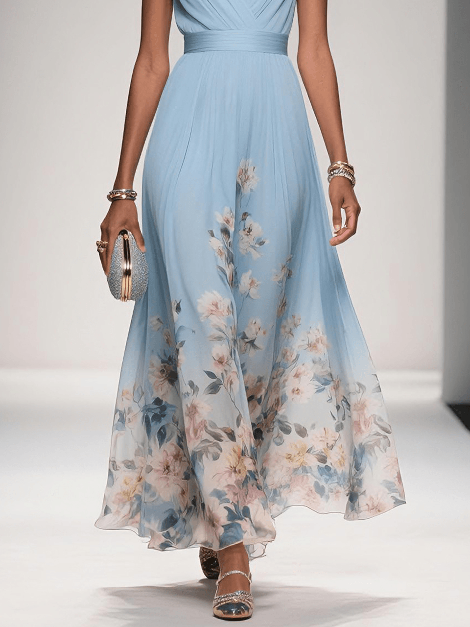 Rose | Hellblaues Blumenmuster-Chiffon-V-Ausschnitt-Maxikleid