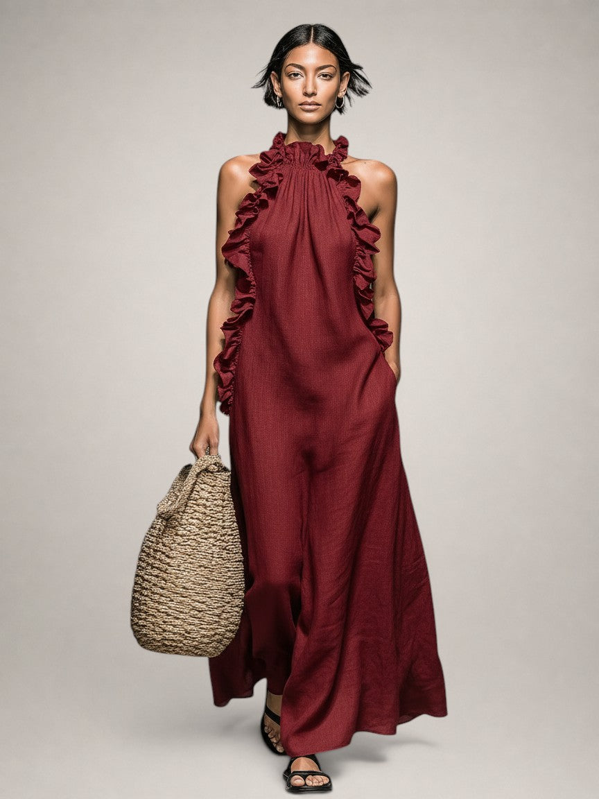 Helene | Ärmelloses Leinen-Maxikleid mit Rüschen