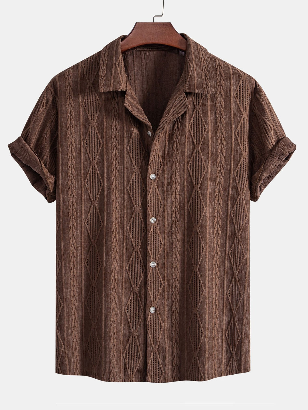 Geometrisches Jacquard Eyelet Cuban Hemd & Shorts aus Leinen-Baumwoll-Mischung