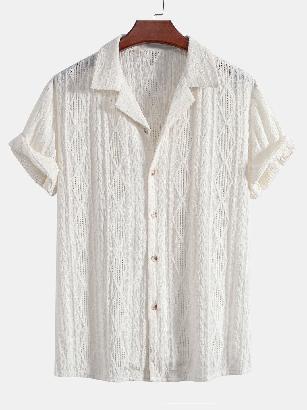 Geometrisches Jacquard Eyelet Cuban Hemd & Shorts aus Leinen-Baumwoll-Mischung