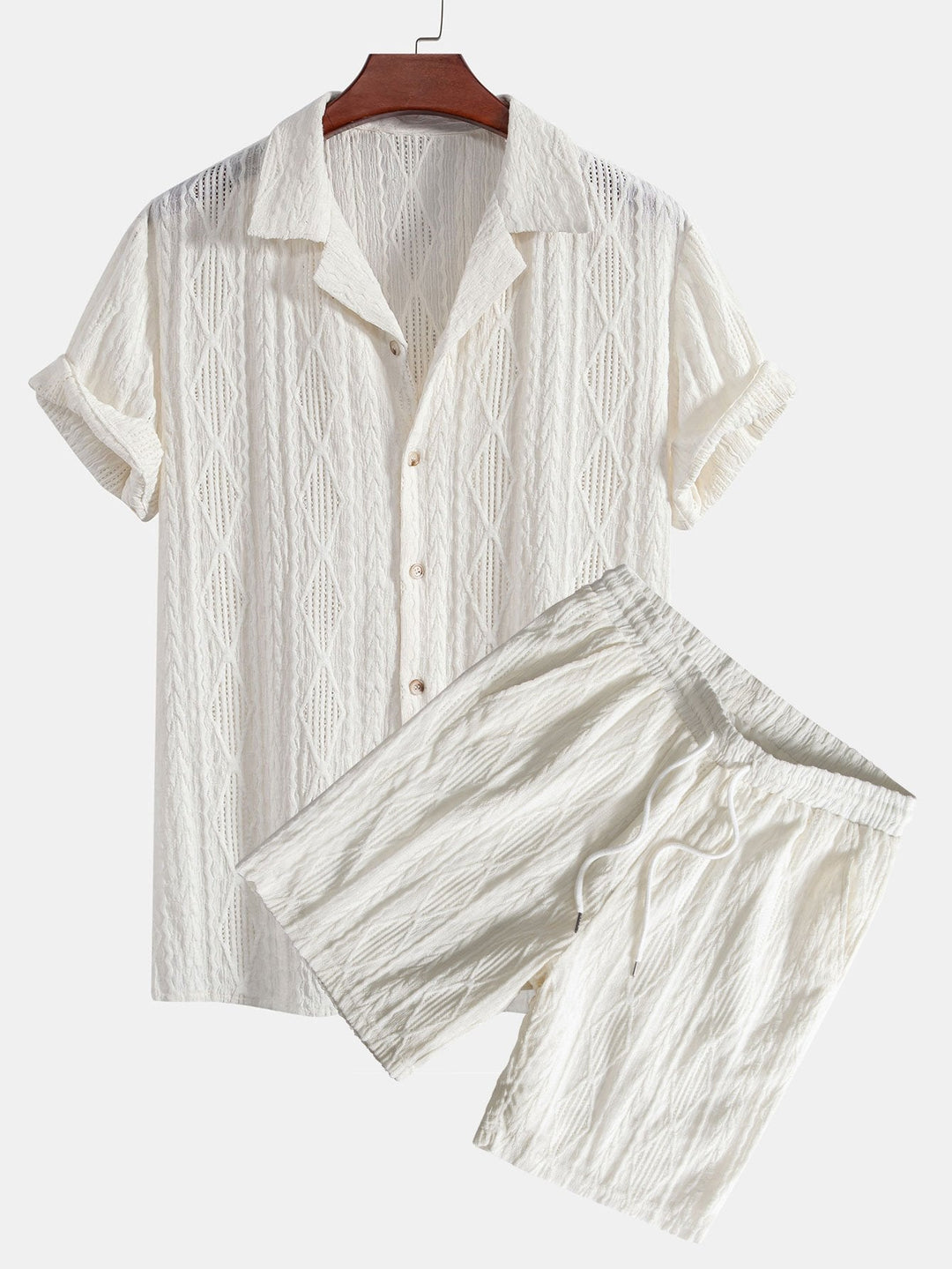 Geometrisches Jacquard-Kubanisches Hemd mit Ösen & strukturierte Shorts mit Futter