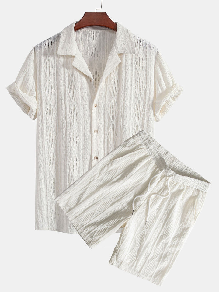Geometrisches Jacquard-Kubanisches Hemd mit Ösen & strukturierte Shorts mit Futter