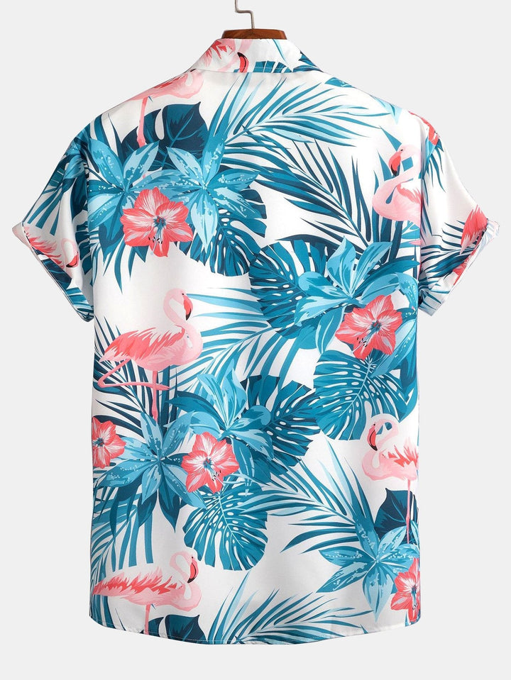 Flamingo Tropischer Print Hemden mit Knöpfen & kurze Schwimmshorts