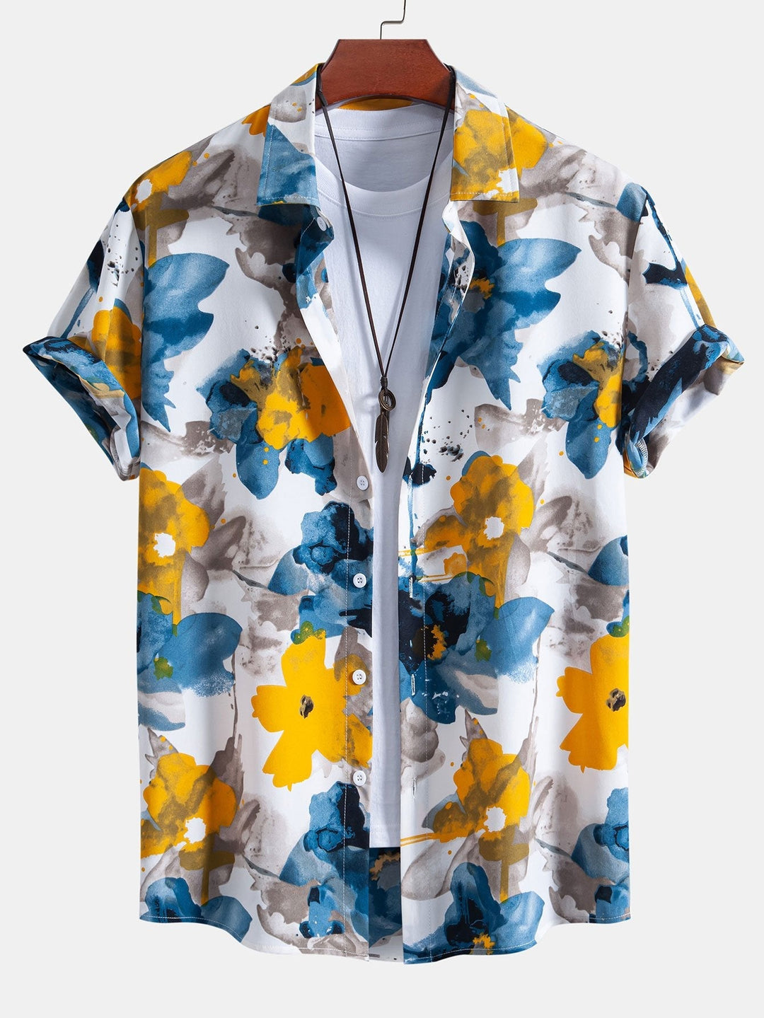 Tintenblaues Blumenmuster Hemd mit Knöpfen & Badeshorts