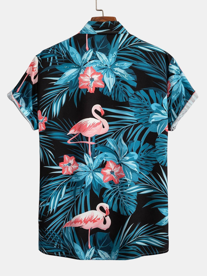 Flamingo Tropischer Print Hemden mit Knöpfen & kurze Schwimmshorts