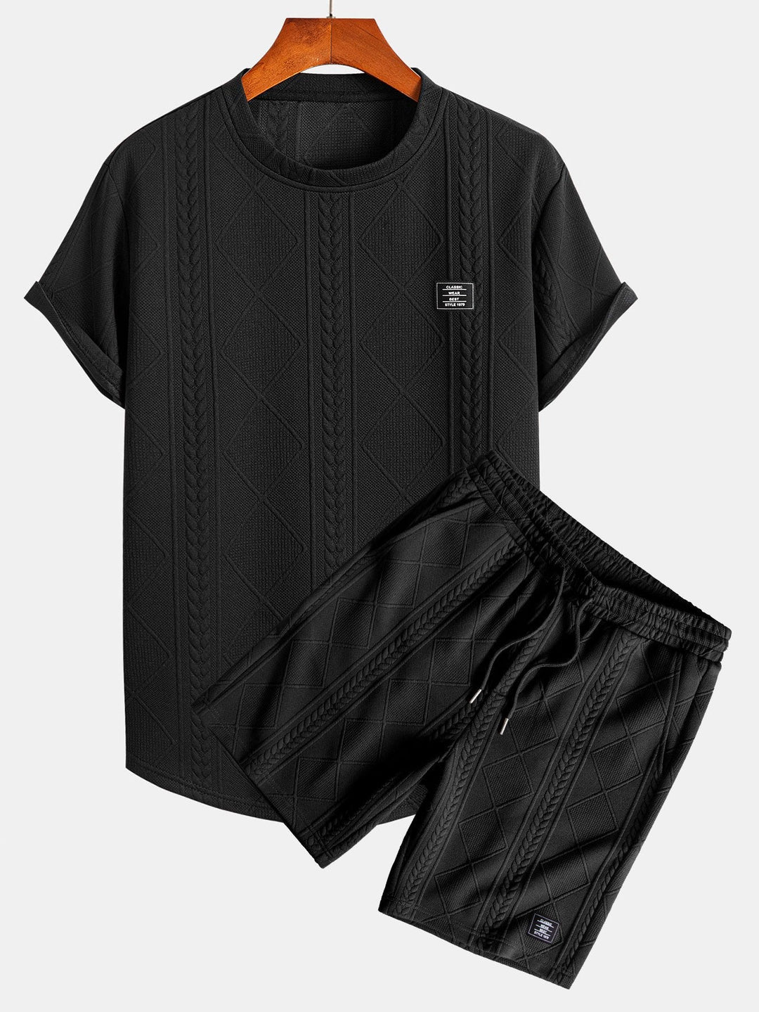 Kurzärmeliges geometrisches Jacquard-T-Shirt mit abgerundetem Saum & Shorts