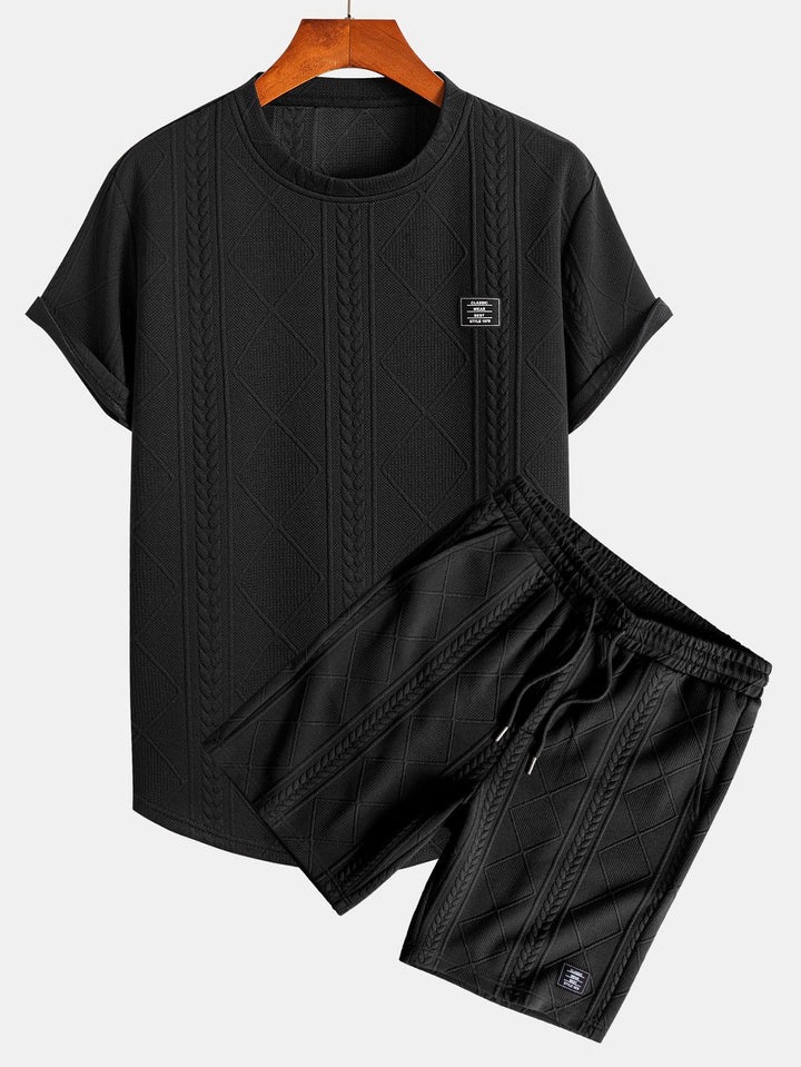 Kurzärmeliges geometrisches Jacquard-T-Shirt mit abgerundetem Saum & Shorts