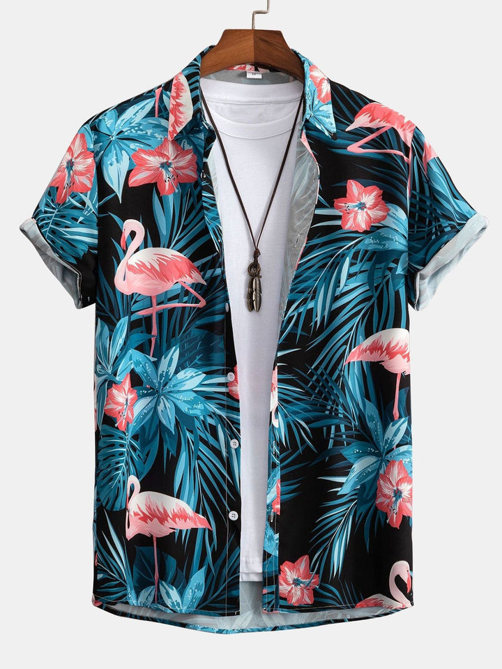 Flamingo Tropischer Print Hemden mit Knöpfen & kurze Schwimmshorts