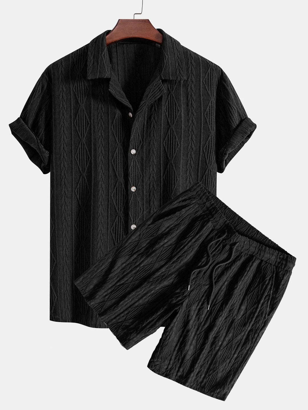 Geometrisches Jacquard-Kubanisches Hemd mit Ösen & strukturierte Shorts mit Futter