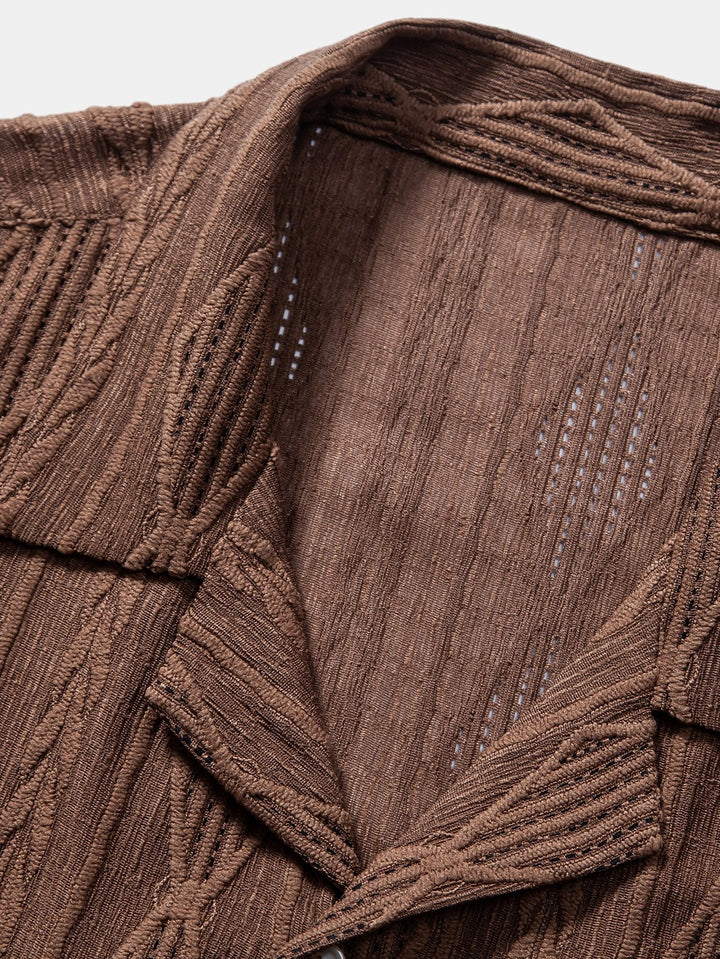 Geometrisches Jacquard Eyelet Cuban Hemd & Shorts aus Leinen-Baumwoll-Mischung