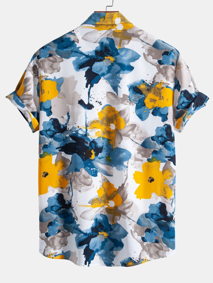 Tintenblaues Blumenmuster Hemd mit Knöpfen & Badeshorts