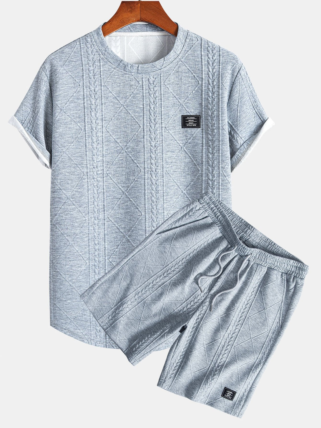 Kurzärmeliges geometrisches Jacquard-T-Shirt mit abgerundetem Saum & Shorts