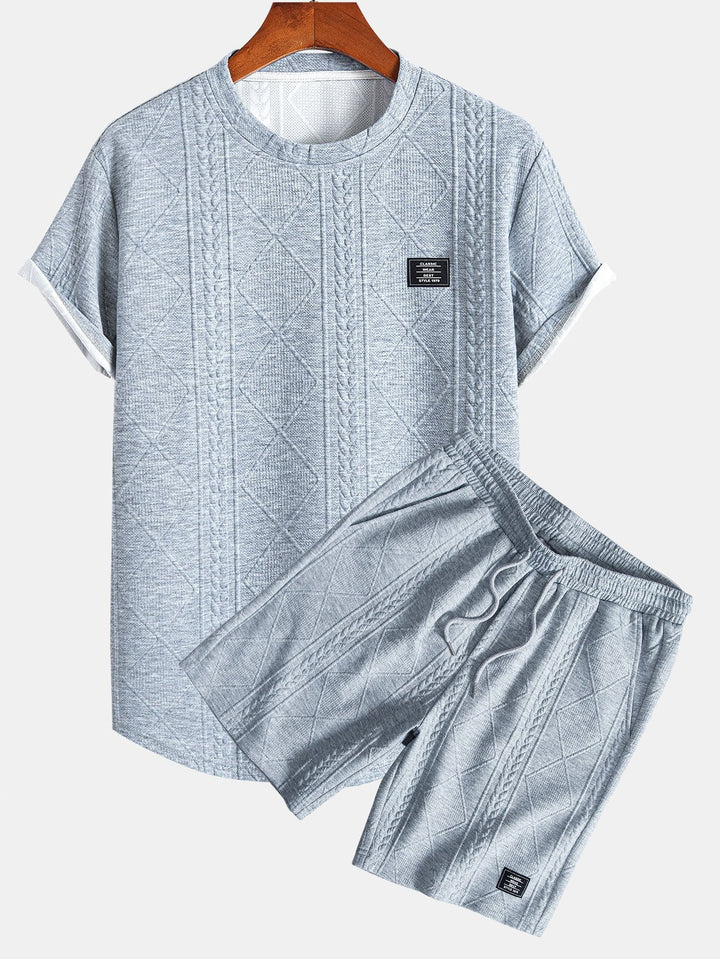 Kurzärmeliges geometrisches Jacquard-T-Shirt mit abgerundetem Saum & Shorts